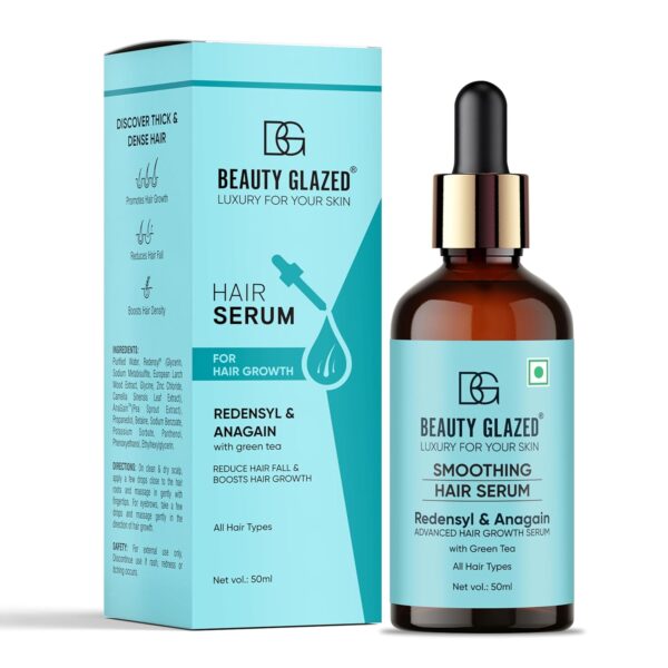 Beauty Glazed Redensyl 3% + Anagain 4% Smoothing Hair Growth Serum (50ml) with Natural Ingredients, Controls Hair Fall, Stimulates Hair Growth, Increase Hair Density | Hair Growth Serum for Men & Women