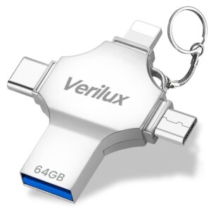 Verilux® Flash Drive 64GB 4 in 1 Pendrive with Light-ning, Micro USB, USB A, Type-C Interface Mini Hangable Pen Drive for iOS & Android Compatible with Phone, Pad, Android, PC and More Devices