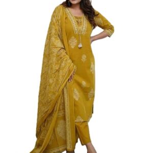 PARTHVI|Women's Pure Cotton Printed with Handwork Kurta with Pants and Dupatta Set | Ethnic Set | Suit Set | Kurta Set | Wedding Suit Set