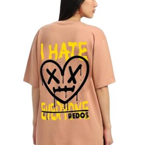 JUNEBERRY® Pure Cotton Oversized Baggy Fit I Hate Everyone Graphic Printed Cork T-Shirt for Women