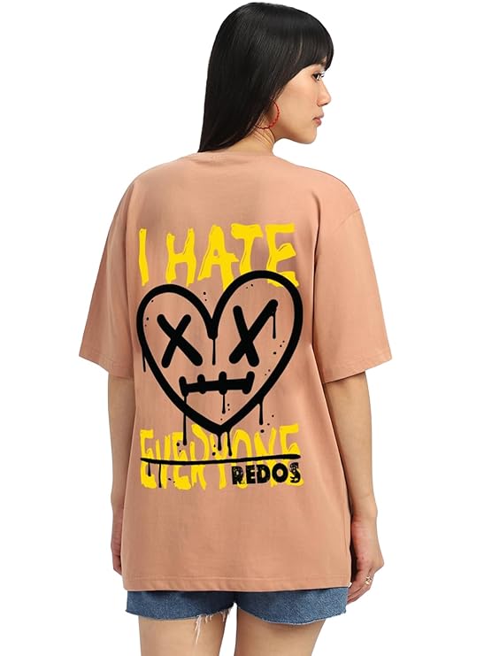JUNEBERRY® Pure Cotton Oversized Baggy Fit I Hate Everyone Graphic Printed Cork T-Shirt for Women