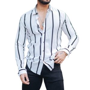 MiraMichi Men's Striped Slim Fit Lycra Shirt | Full Sleeve Stretchable Shirt | Trendy Black and White Vertical Stripes for Casual