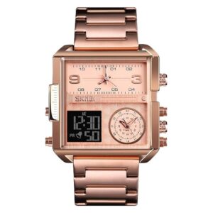 SKMEI Square Multifunctional Design Analog Watch, Rose Gold Dial Zinc Alloy Case Men's Watch, Stainless